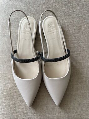 Brunello Cucinelli Cream Pointed Slingback with Black Beaded Strap